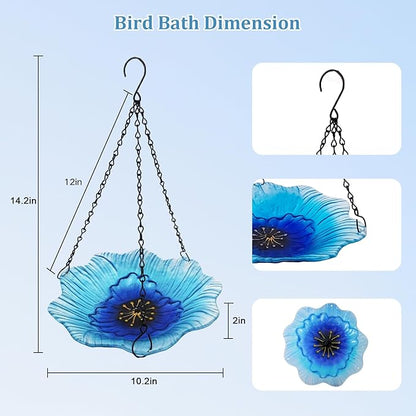hogardeck 2 in 1 Floral Glass Bird Bath & Feeder - Hanging or Freestanding Outdoor Bird Bath with Sturdy 5-Pronged Base for Garden, Patio, Yard, Lawn Decor