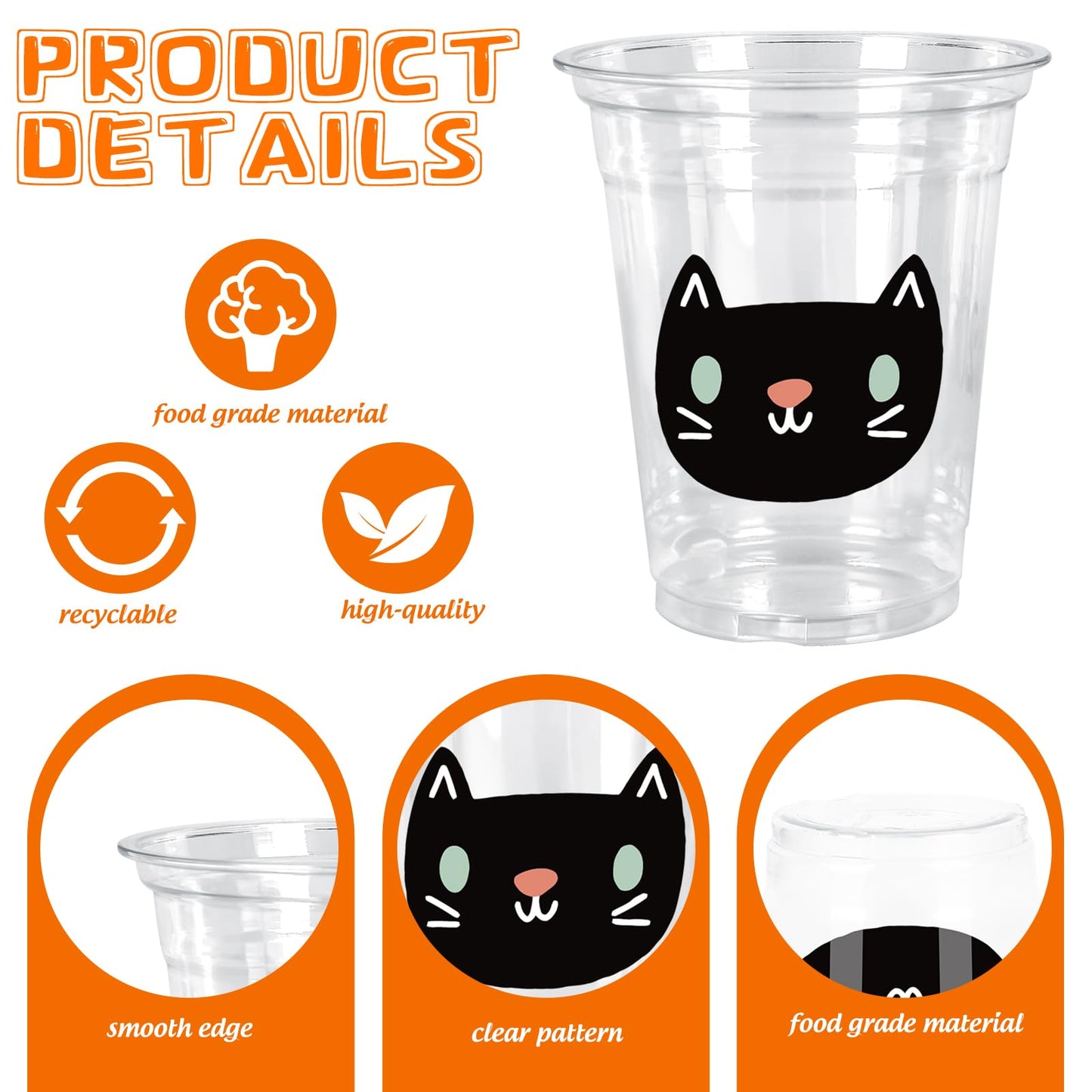 Whaline 48Pcs 12Oz Halloween Plastic Cups with Lids & Straws Ghost Pumpkin Black Cat Disposable Clear Drinking Cups for Holiday Birthday Party Supplies