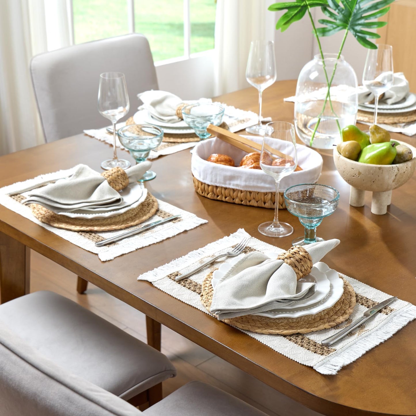YANGQIHOME Boho Placemats Set of 4, Farmhouse Rustic Woven Placemats for Dining Table Decor, Handmade Braided Place Mats in Natural Cotton Jute and Water Straw for Kitchen Table
