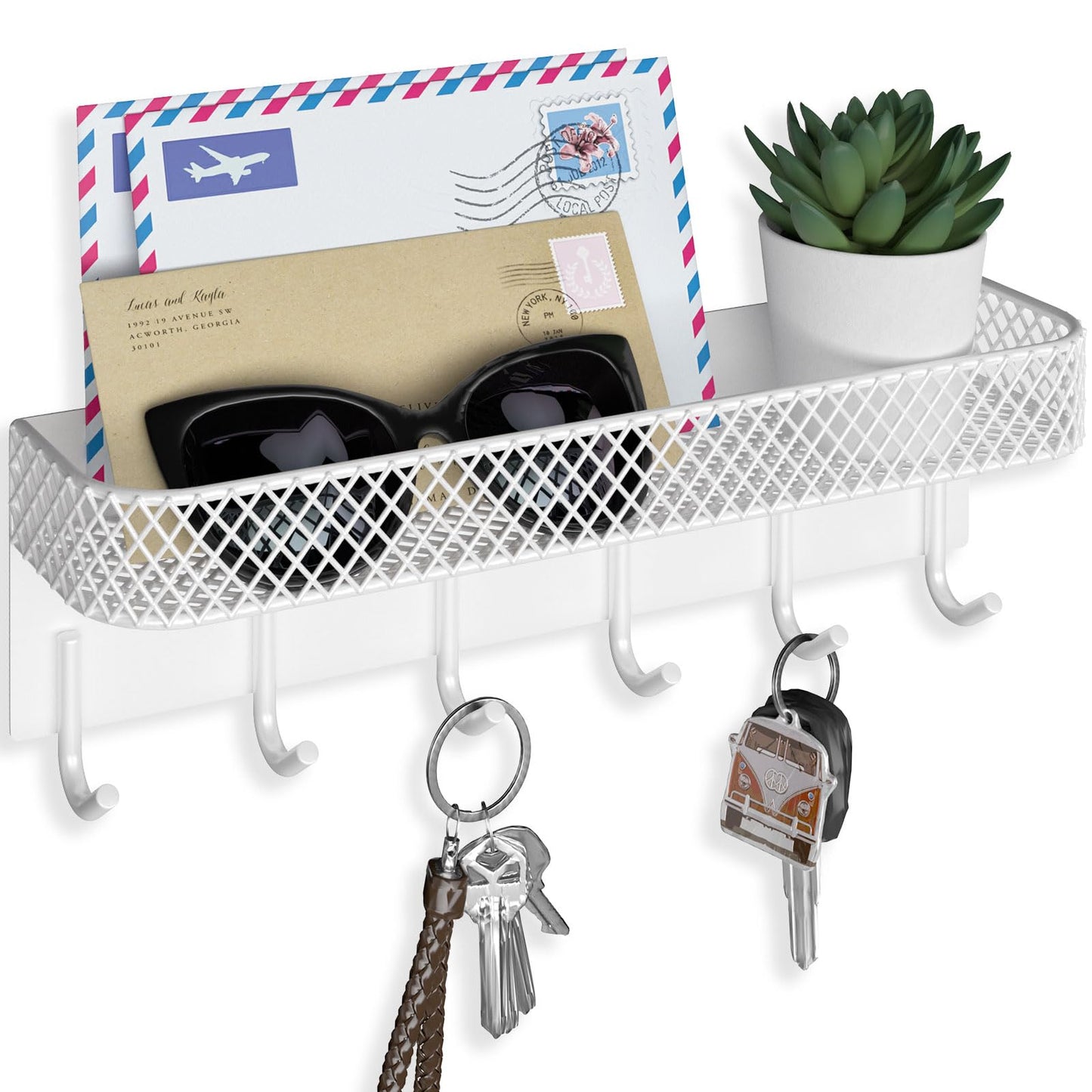 Lwenki Key Holder for Wall – Decorative Stainless Steel Key Hanger with 6 Hooks for Hats, Bags, Leashes – Mail Holder Key Rack with Mounting Hardware and Guide (9.65” x 2.8” x 2.2”) (White)