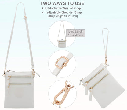 Solene Women's Faux Leather Organizer Multi Zipper Pockets Handbag With Detachable Wristlet Crossbody Bag-WU002(White)