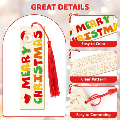 36 Pcs Color Your Own Christmas Bookmarks for Kids DIY Christmas Gifts Wooden Blank Bookmarks Bulk with Hanging Tassel for Xmas Winter Crafts Birthday Gift