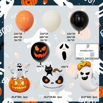 AobkDeco 152pcs Halloween Balloon Arch Kit - Orange, Lvory White & Black Balloons with Pumpkin, Ghost & Black Cat Foil Balloons for Halloween Party Decoration
