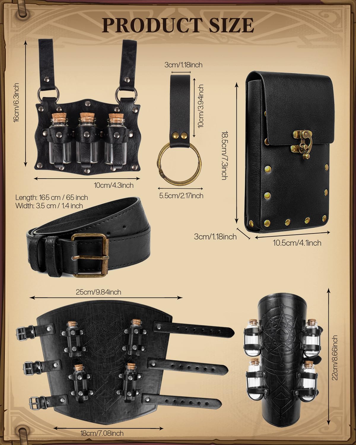 Medieval Renaissance Viking Bracer Wrist Guard, Leather Belt Pouch with Witch Bottle Vials, Festival Costume Accessory Waist Bag (Black)