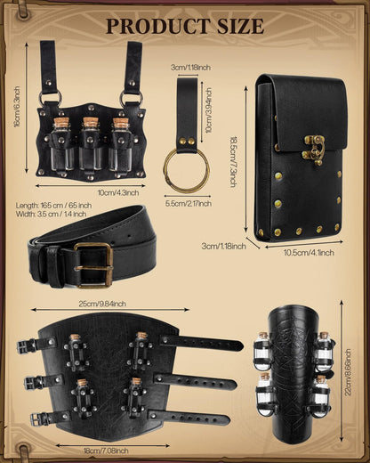 Medieval Renaissance Viking Bracer Wrist Guard, Leather Belt Pouch with Witch Bottle Vials, Festival Costume Accessory Waist Bag (Black)