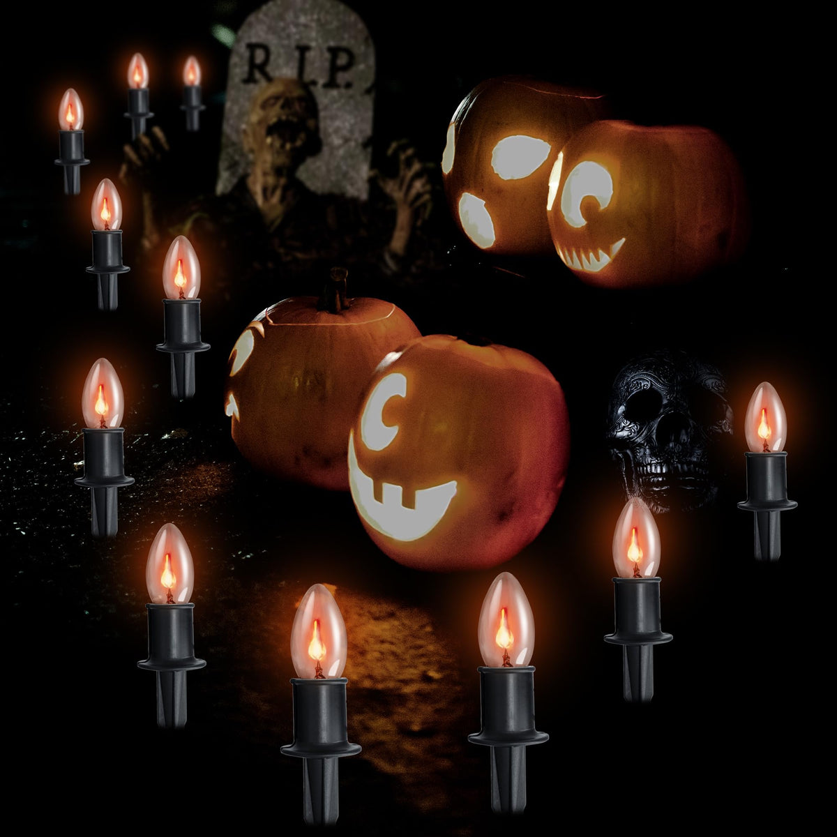 TIORIY 24.2ft Flickering Flame Pathway Halloween Light Decoration Outdoor, C9 String Lights Halloween Decor with Stakes, Waterproof 20 Flicker Lights for Garden, Party, Green Wire