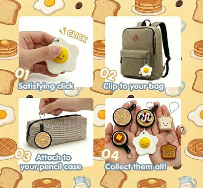 Breakfast Fidget Clicker Set – 6-Pack Clicker Keychains Cute 3D Printed Egg, Toast, Pancake & Waffle Fidget Accessory for Relief of Stress and Backpack Charm