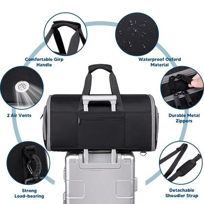 Vessgra Convertible Garment Bags for Travel, 4 in 1 Duffle Bag for Travel 58L Capacity Carry on Garment Bag with Shoes Compartment Travel Garment Bag with Shoulder Straps Suit Bag for Men Women,Black