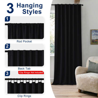 Hiasan Black Blackout Curtains Rod Pocket & Back Tab Halloween Curtains with Tiebacks Thermal Insulated Drapes for Living Room Bedroom Noise Reducing,52 inch Wide, Set of 2,Black
