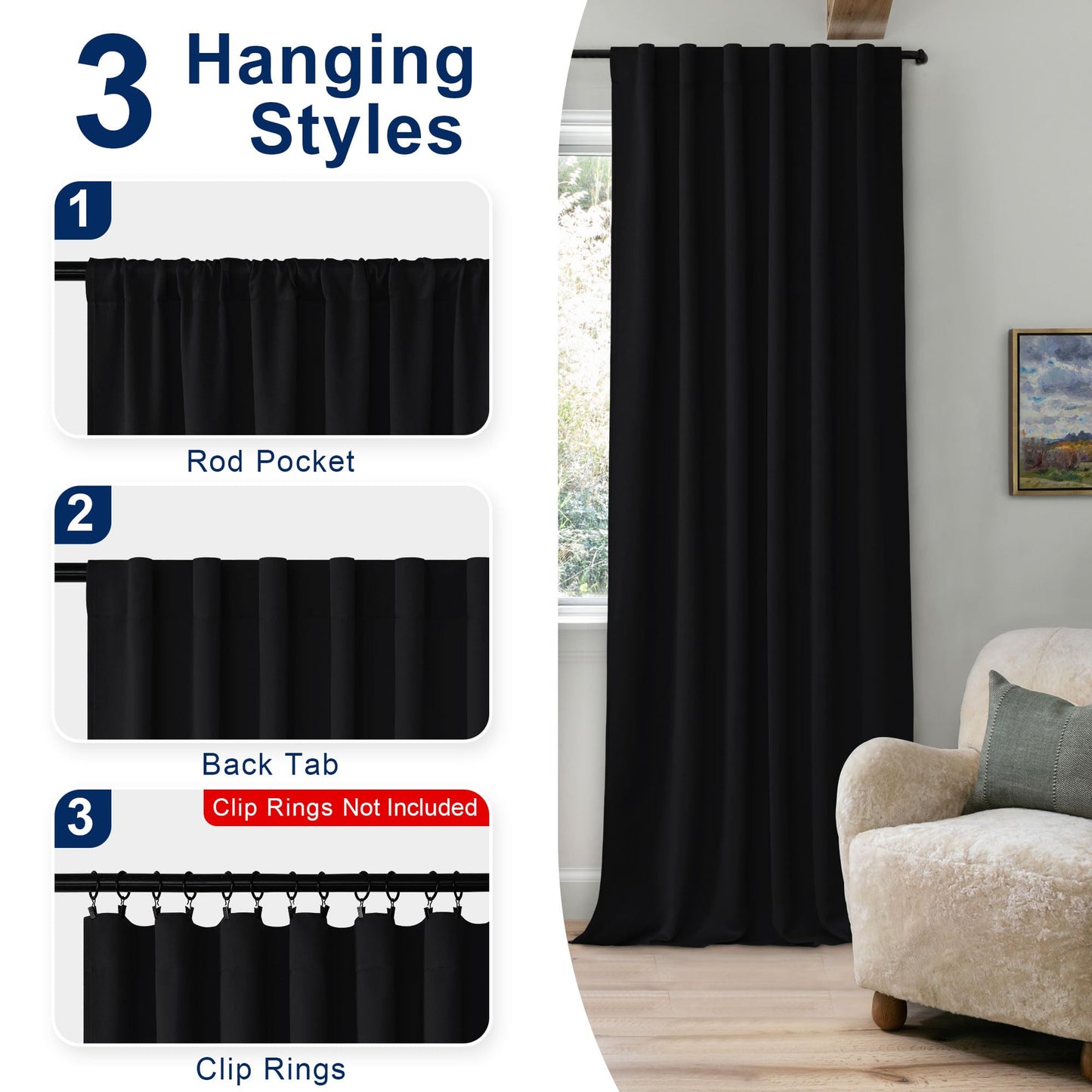 Hiasan Black Blackout Curtains for Bedroom 72 inches Long Rod Pocket Thermal Blackout Curtains Noise Blocking with Tiebacks Halloween Drapes for Living Room,52" x 72",Set of 2