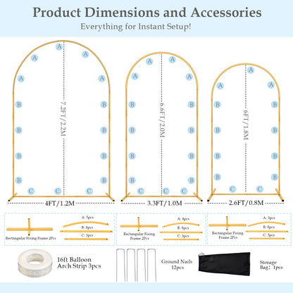 Antizz Arch Backdrop Stand,7.2FT, 6.6FT, 6FT Set of 3 Metal Gold Balloon Arch Stand Kit Wedding Arch Stand for Baby Shower Birthday Party Event Decoration Garden Floral Balloon Arch with Base