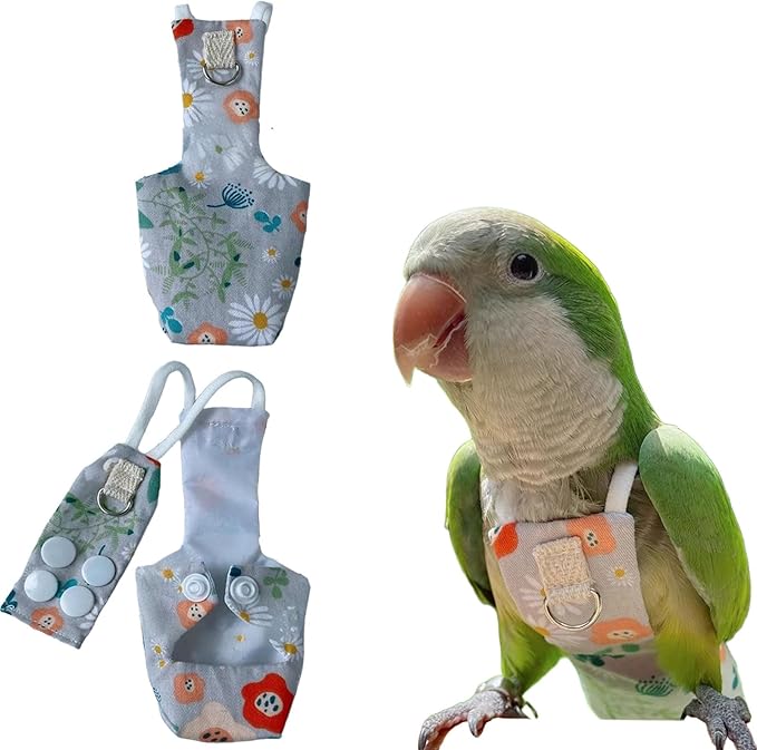 Snap-Closure Parrot Diaper Flight Suit for Cockatiels, Lovebirds & Medium Birds Cotton Washable Escape-Proof Harness with Leash Set(Small Sun Model)