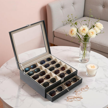 Luckybell 20 Slots PU Leather Sunglasses Organizer Jewelry Box,Multiple Pairs of Large Sunglasses Case Holder with Clear Lid