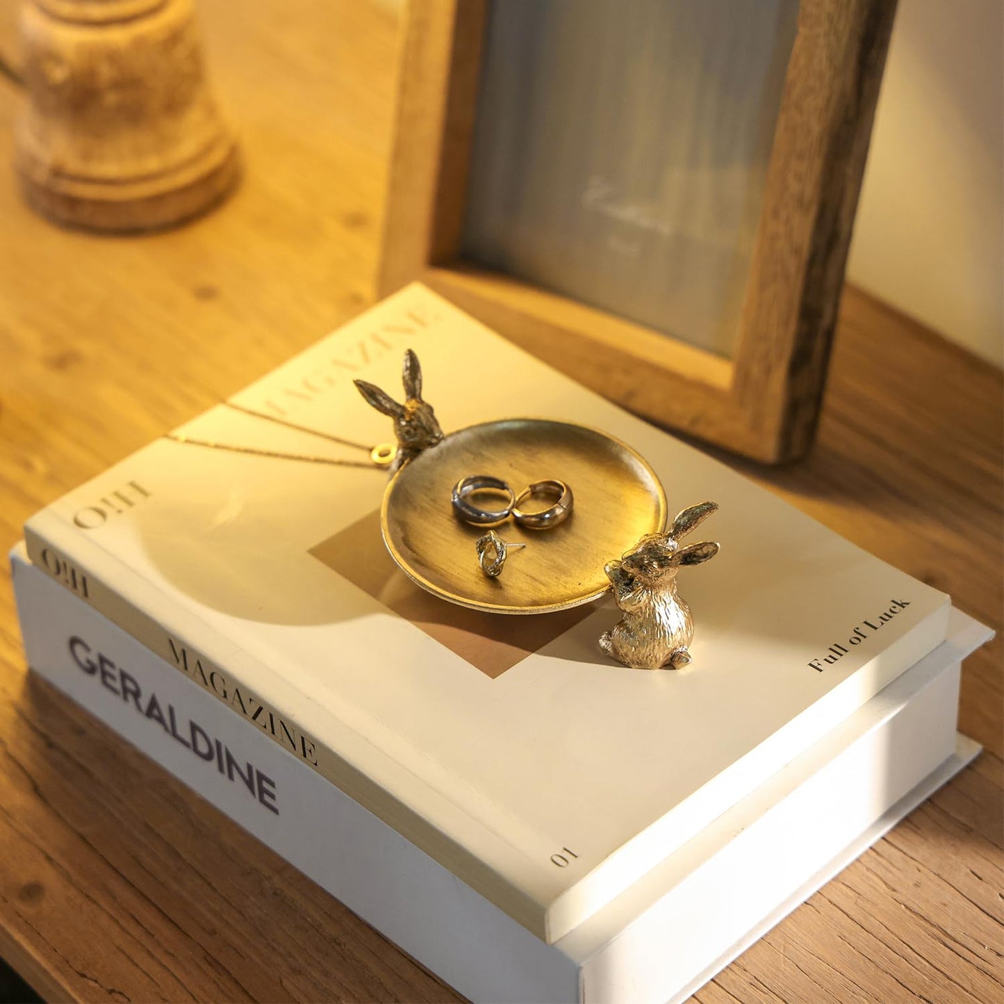 NIKKY HOME Gold Jewelry Tray, Vintage Jewelry Dish Tray with Rabbits, Antique Ring Dish & for Women, Small Trinket Bowl for Vanity Bathroom