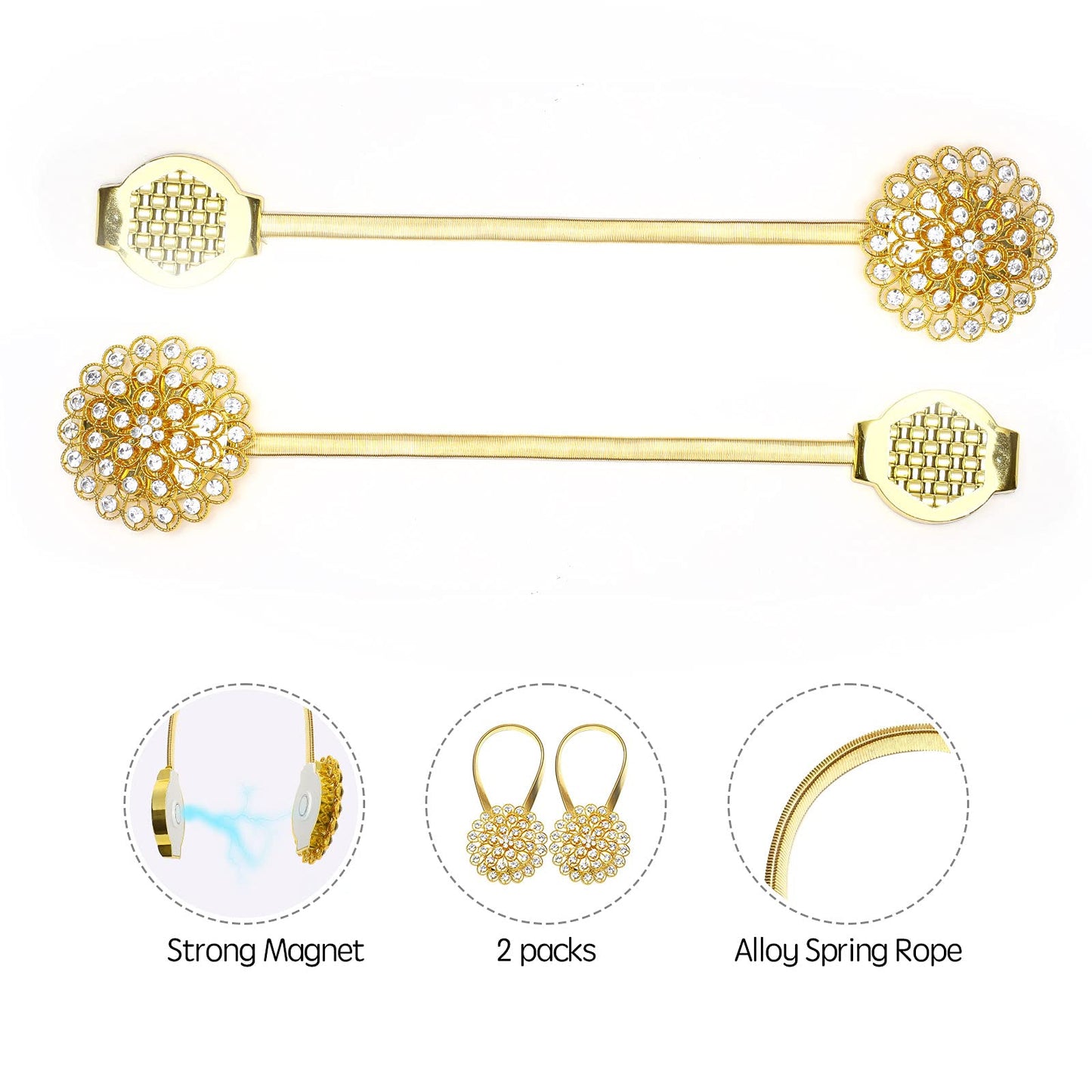Mightree Magnetic Curtain Tiebacks,Magnet Curtain Clips with Stretchy Metal Rope for Home Office,Outdoor Decor Curtain Holdbacks,2 Pack Drape Holdbacks,Gold Diamond Flower