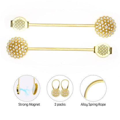 Mightree Magnetic Curtain Tiebacks,Magnet Curtain Clips with Stretchy Metal Rope for Home Office,Outdoor Decor Curtain Holdbacks,2 Pack Drape Holdbacks,Gold Diamond Flower