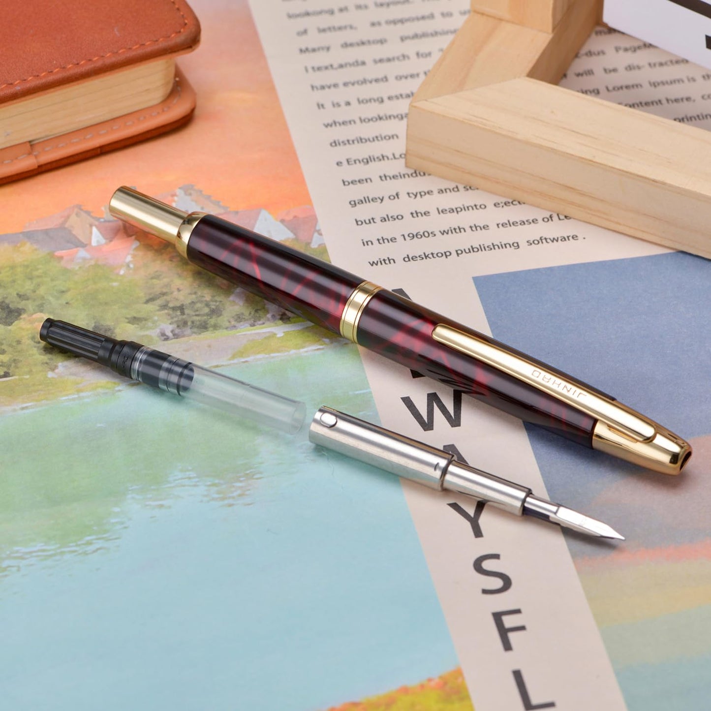 Jinhao 10 Press Fountain Pen with Box, Marble Red Retractable Extra Fine Nib with Ink Converter Set (Golden Clip)