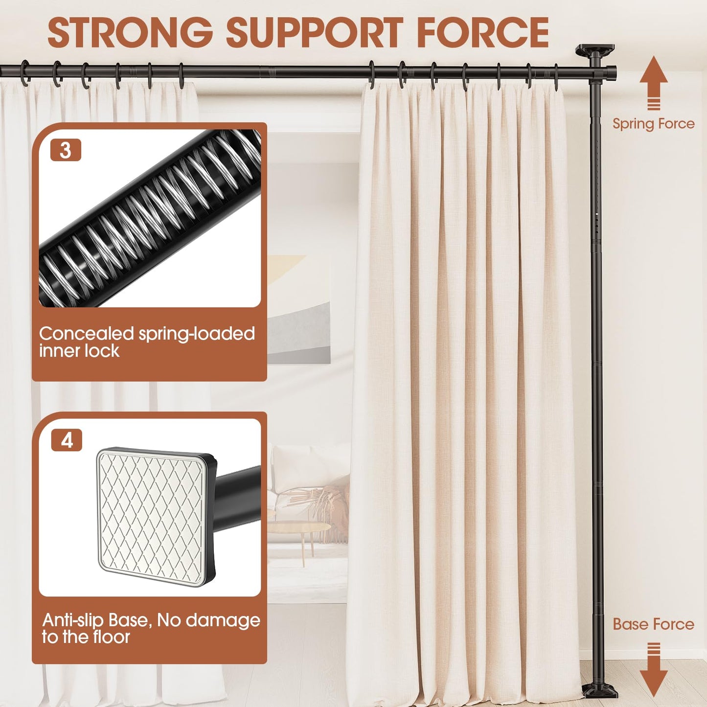 SUNALLY Room Divider Curtain Rod, No Drilling Room Separator for Space Partition Adjustable 4-10ft(H) 28-70inch(W) Heavy Duty Temporary Wall Divider Floor to Ceiling Tension Rod, Black