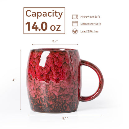 Rustic Red Ceramic Coffee Mug 14oz - Handcrafted Artisan Mug with Comfortable Handle, Unique Design for Coffee Lovers, Dishwasher Safe