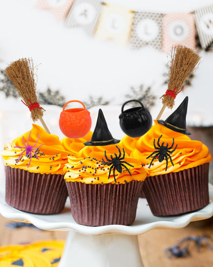 Liobelon 13 Pieces Birthday Witch Cake Topper, Gothic Theme Birthday Party Decoration, Scary Spider Web Witch Bucket Broom Spiders Cake Decorations for Girl Women