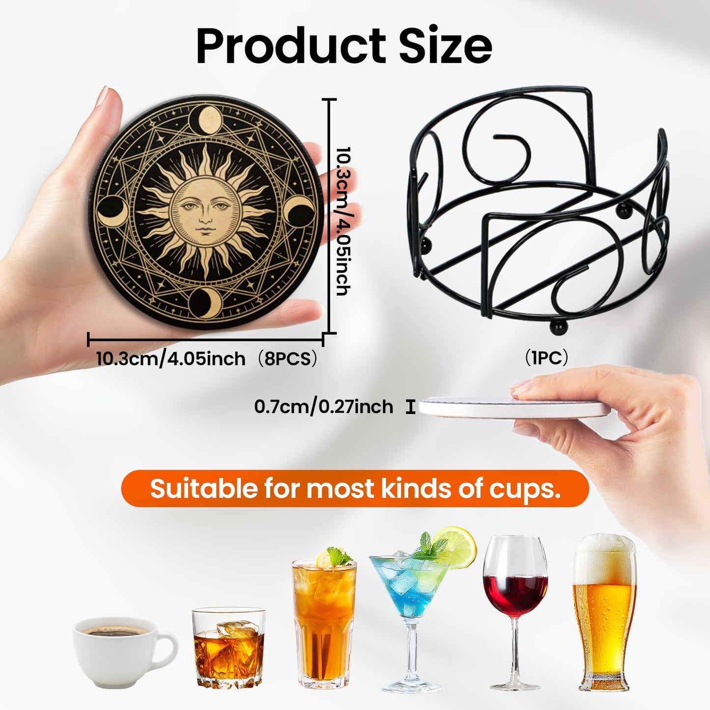 Fun Ceramic Coasters for Drinks, Round Absorbent Drink Coasters Set of 8 with Holder, Moon Phase Coaster with Cork Backing for Table Desk Protection, Mat for Mugs and Cups, Office Home Decor