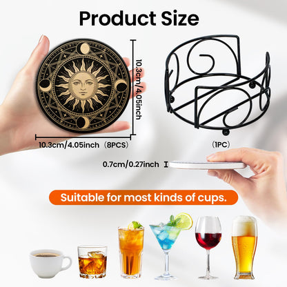 Fun Ceramic Coasters for Drinks, Round Absorbent Drink Coasters Set of 8 with Holder, Moon Phase Coaster with Cork Backing for Table Desk Protection, Mat for Mugs and Cups, Office Home Decor