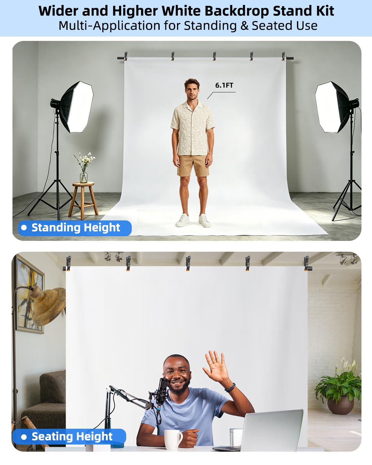 Hemmotop White Photo Backdrop Stand 8x7.5ft, Seamless White Photography Background with Stand Kit for Photoshoot Wedding Birthday Graduation Baby Shower Parties Projector Screen