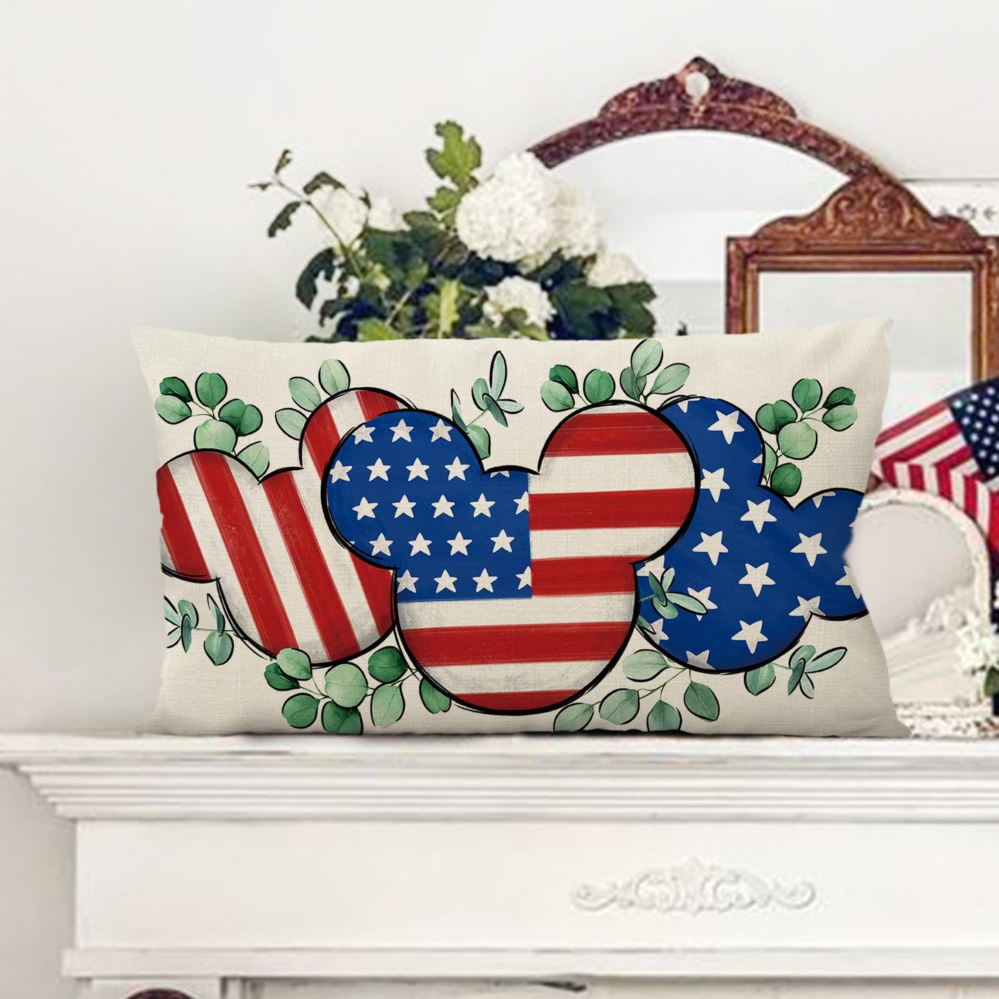 Fjfz 4th of July Patriotic Lumbar Decorative Throw Pillow Cover 12 x 20, Rectangular America USA Eucalyptus Leaves Outdoor Home Decor, American Stars Stripes Couch Cushion Case