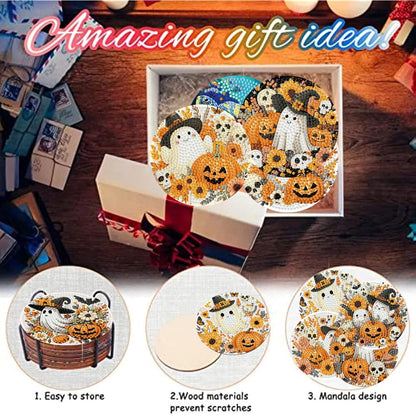 8 PCS Halloween Diamond Art Coasters Kits with Holder Ghost Pumpkin Diamond Painting Coaster Kit for Adults Beginners,5D DIY Gem Art Kit Full Drill Diamonds Art Craft Supplies 4X4 Inch