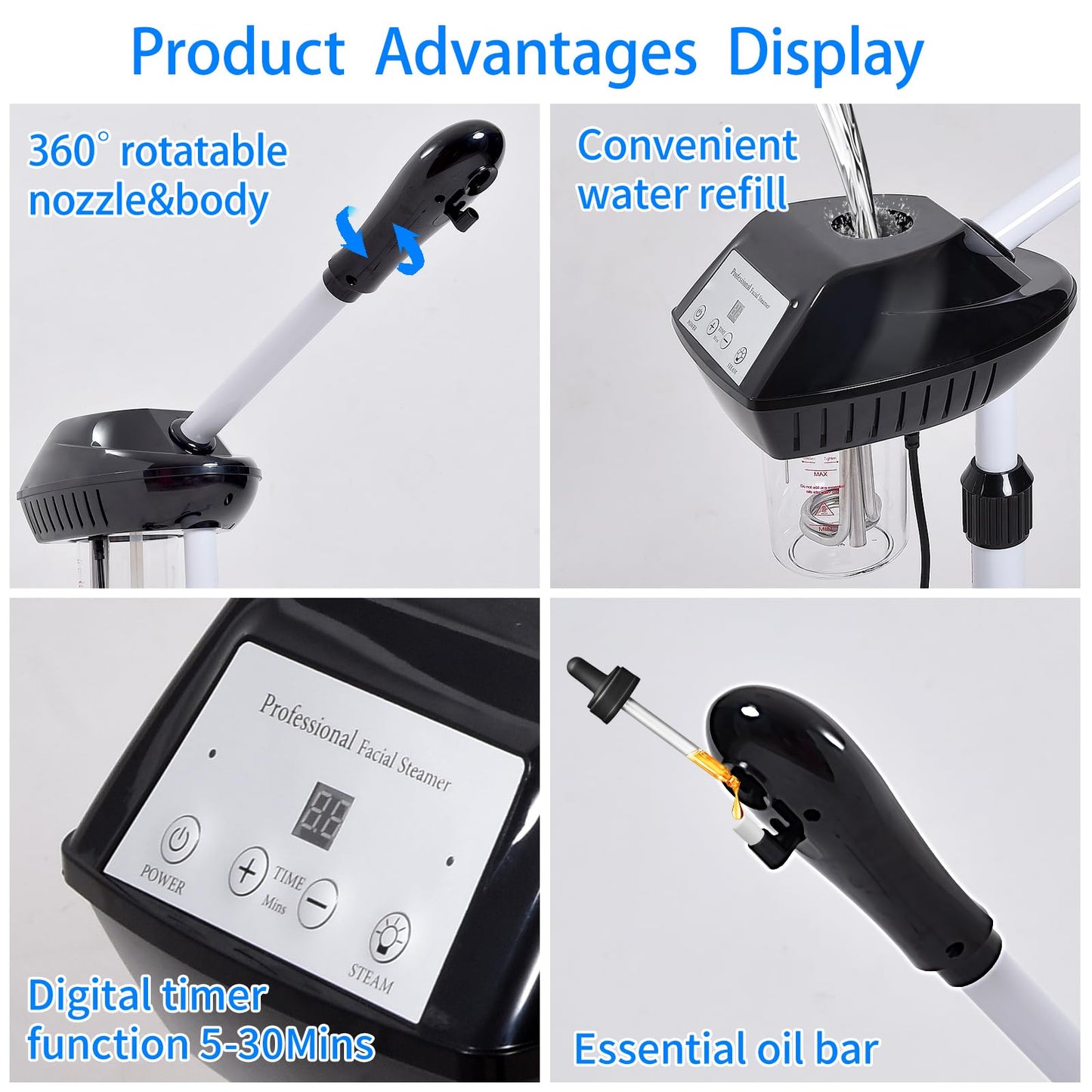 Professional Facial Steamer on Wheels, Facial Steamer for Facial Deep Cleaning, Facial Humidifier for Spa, Adjustable Height for Spa, Salon and at Home Use