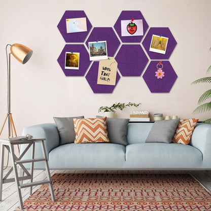 8 Packs Purple Hexagon Felt Pin Board, 12" Bulletin Board with 30 Push Pins, Felt Board for Home Kitchen Office Decor, Self-Adhesive Corkboard Tiles for Walls Classroom Message Photos Memos Display