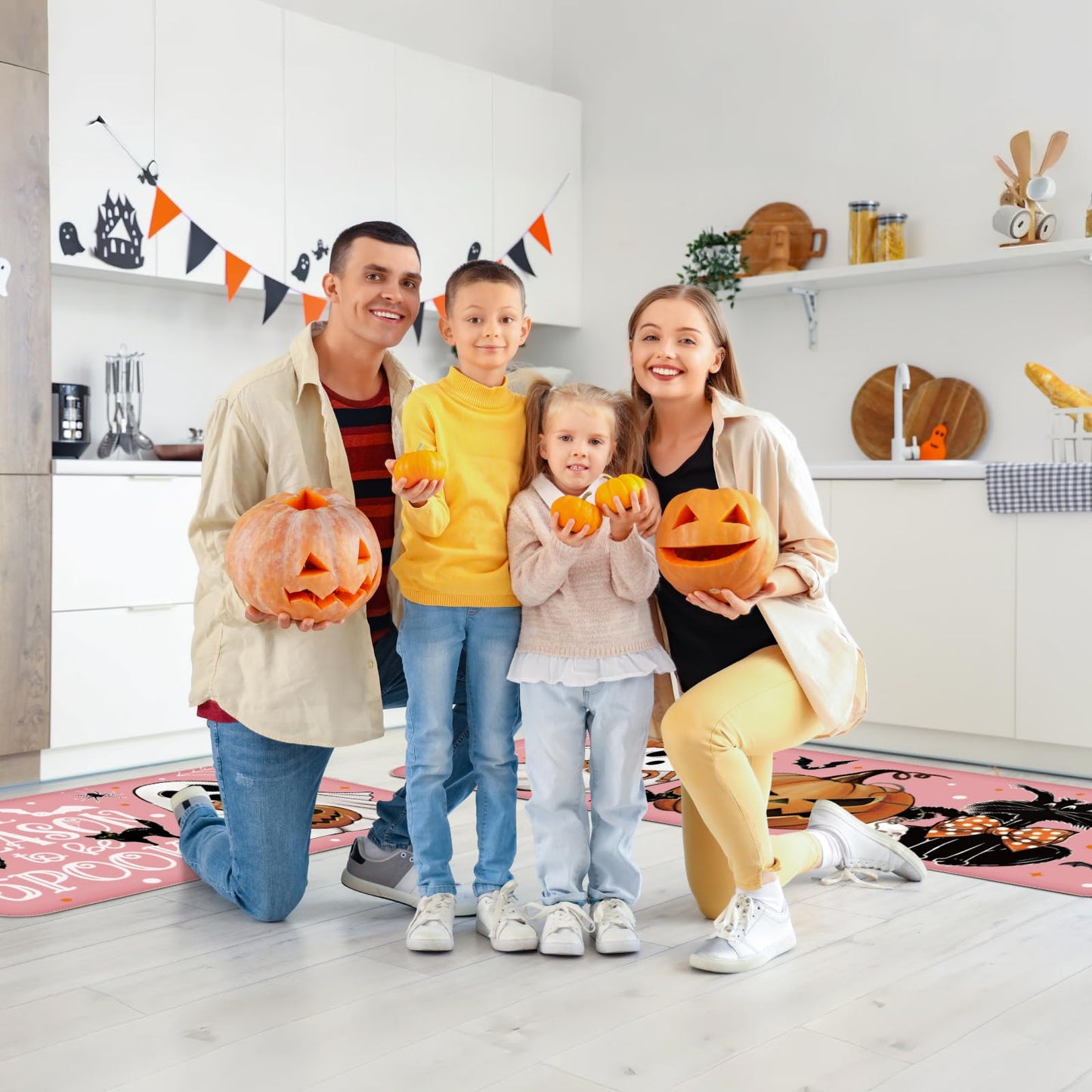 Tinideya 3 Pcs Halloween Ghost Kitchen Rugs and Mats Set Farmhouse Pumpkin Ghost Rugs Non Slip Halloween Kitchen Mat Cat Boo Floor Mats Halloween Decorations for Kitchen Bathroom Home Office (Pink)