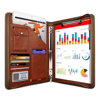 Zippered Portfolio Organizer, WRIYES Leather Padfolio with 3 Ring Binder, Professional Business Binder, Organizer for IPad/Document, Phone & Business Cards, Office Gifts for Men or Women (Brown)