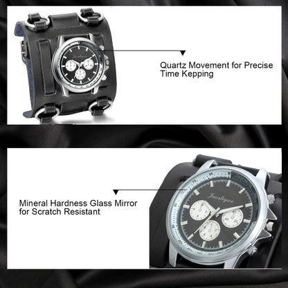JewelryWe Black Hip-hop Gothic Punk Style Men Watch Wide Leather Fashion Cuff Wristwatch for Halloween
