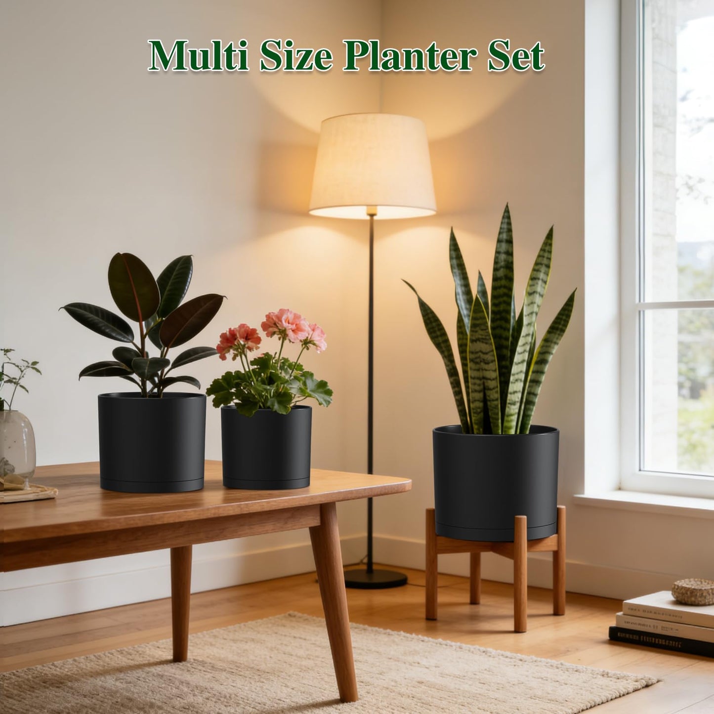 KUGAZ Plant Pots, 10/9/8 Inch 3 Pack Cylindrical Flower Pots with Drainage Holes and Saucers, Plastic Planters for Outdoor Indoor Plants,Black