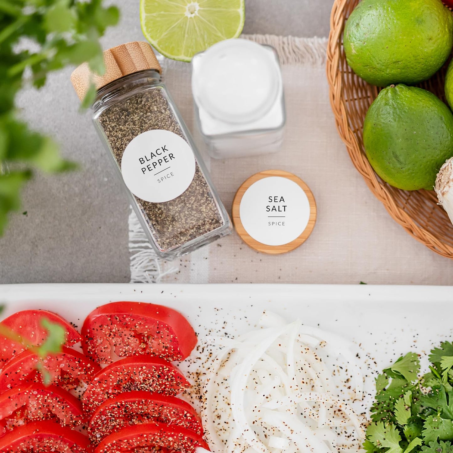 Round Spice Labels Stickers for Glass Jars - 140 Preprinted Waterproof Spice Jar Labels Stickers for Top of Lids, Seasoning Labels Only, Kitchen Pantry Organization