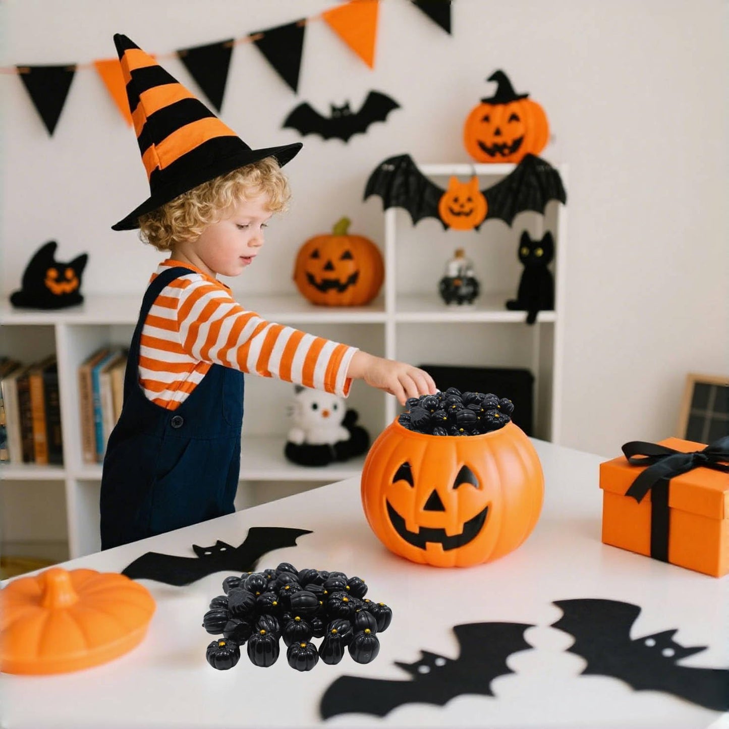 DoubleWood Mini Pumpkins for Crafts, 60Pcs Decorative Miniature Pumpkin, Little Fake Pumpkin, Black Pumpkins for Halloween Decor, Thanksgiving, Vase Filler (60, Black)
