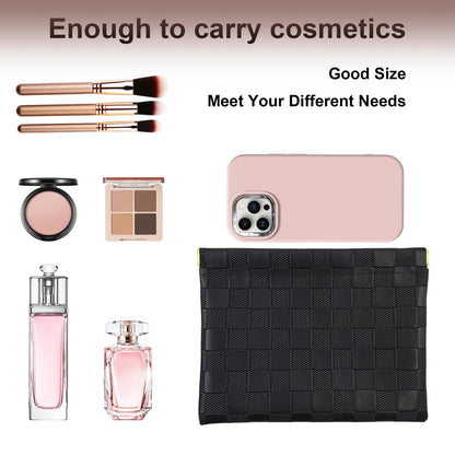 3Pcs Small Makeup Bag for Purse, Waterproof Portable Checkered Leather Makeup Pouch, Small Purse Pouches for Purse Small Coin Purse Organizer Pouches Snap Closure Pocket Cosmetic Bag for Women (Black)