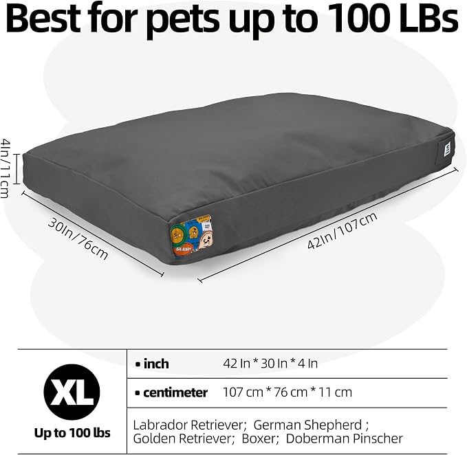 Sytopia 42 Inch Indestructible Canvas Outdoor Dog Bed for Extra Large Dogs, Chew Proof Waterproof Pet Bed with Machine Washable Removable Cover, Durable Indoor Patio Pet Pad for Crate, Dark Grey