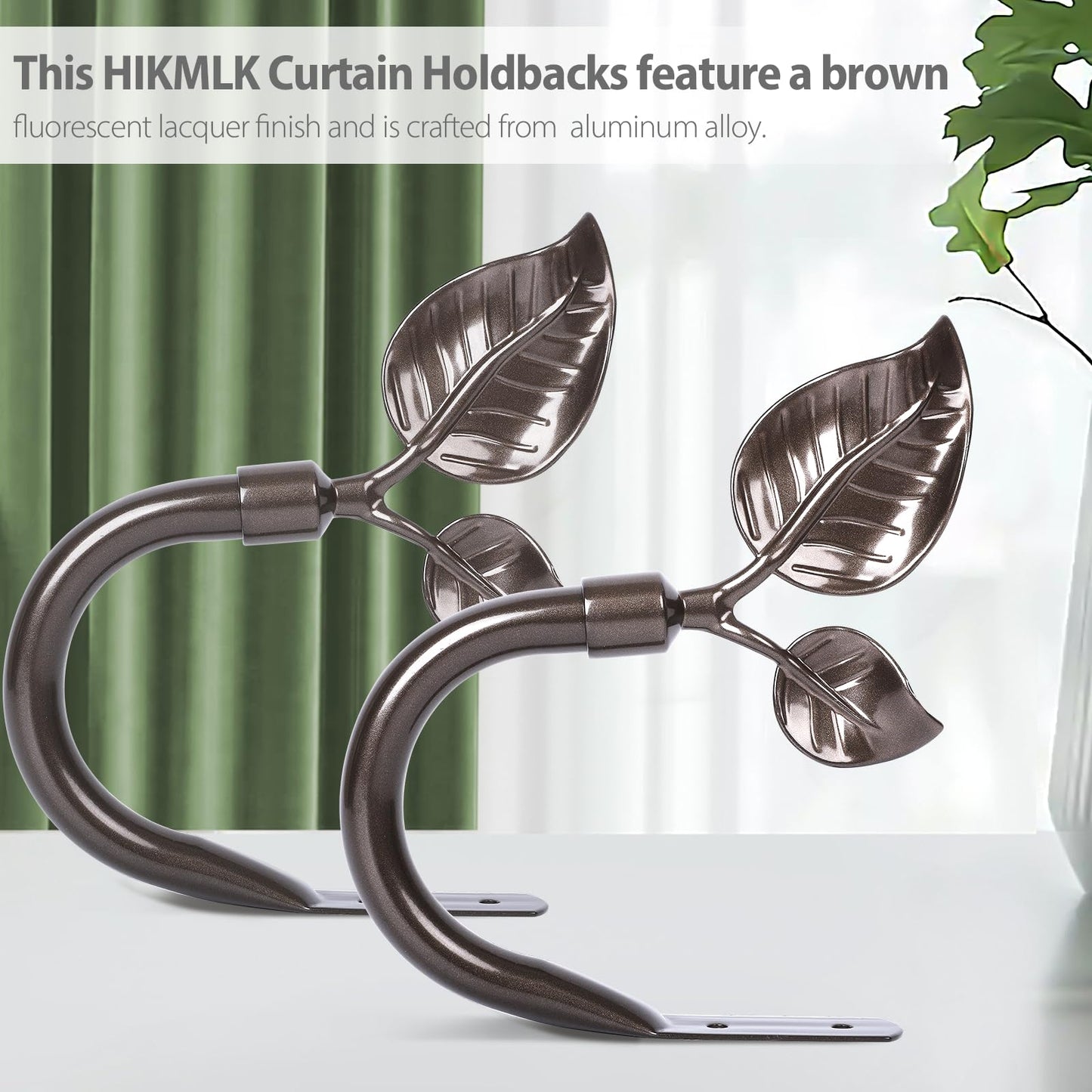 HIKMLK Leaf Shaped Curtain Tieback Holdbacks 2pcs, Handmade Metal Curtain Side Holders for Wall, Curtain Hook Pull Backs for Drapes Window Decoration