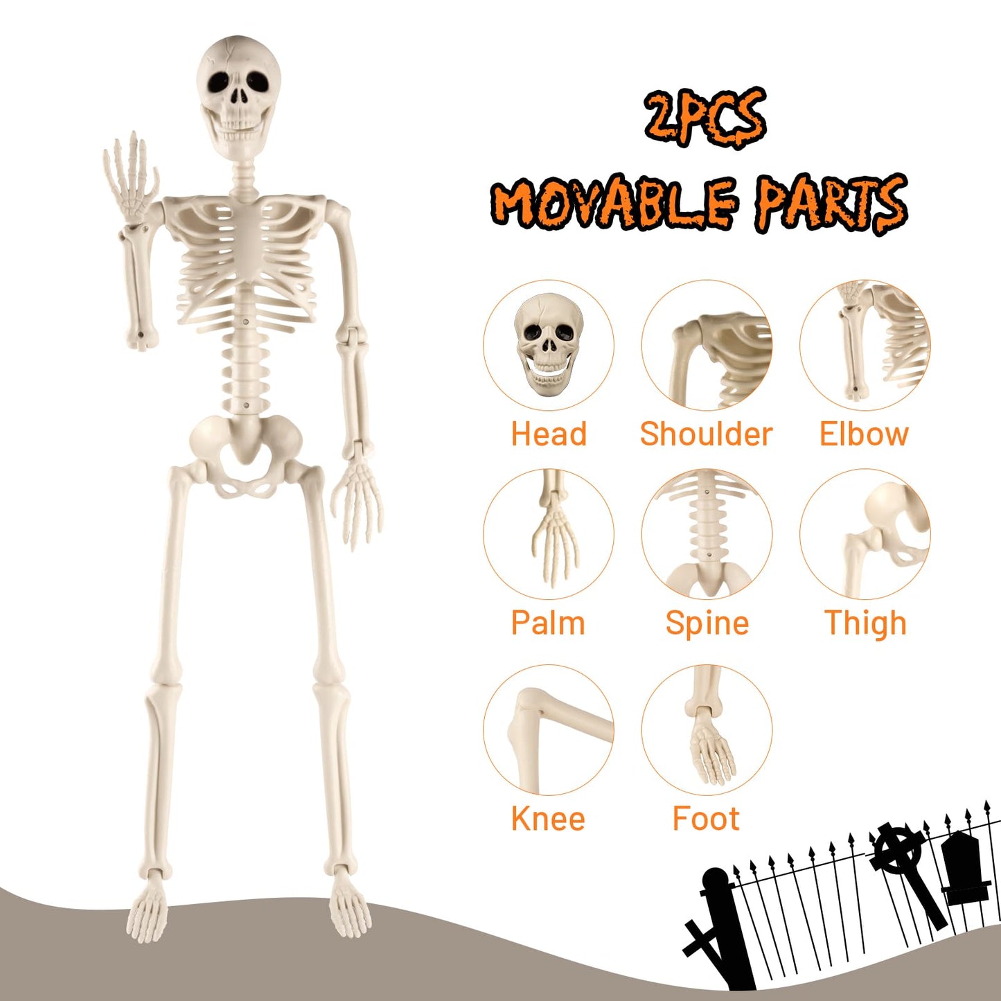 2 Pack 36" Halloween Skeleton, 3 ft Human Skeleton Full Body Posable Joints Plastic Skeleton for Halloween Decoration, Yard Patio Lawn Garden Skeleton Spooky Party Decoration Indoor Outdoor