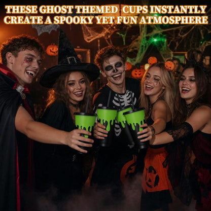 Acellegic 12 Pcs Halloween Party Decorations Green and Black Plastic Gifts Cups with Lids and Straws Reusable 24 oz Ghost Plastic Tumblers Bulk for Halloween Birthday Party Favors Decoration Supplies