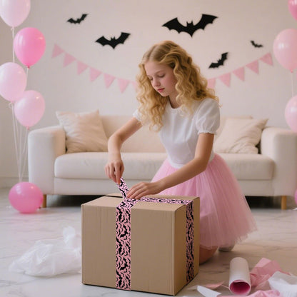 Whaline 109 Yard Halloween Packing Tape Pink Black Bat Decorative Gift Wrapping Tape for Small Business DIY Crafts Box Carton Decor