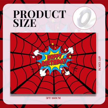 Boao 5 x 4 ft Spider Web Happy Birthday Banner Backdrop Large Heros Themed Party Background Photo Booth Props for Boys Birthday Party Baby Shower Photography Decorations Supplies