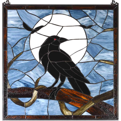 Bieye W10097 Tiffany Style Stained Glass Window Panel with Raven Sitting on Bare Tree Branch against Full Moon Scene for Halloween Decor (Dark Blue, 22" Wx22 H Square)