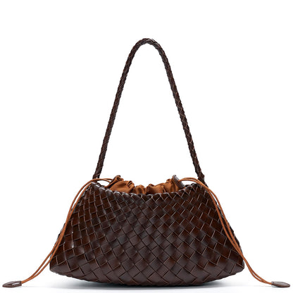 YDF Small Woven Purse for Women, Vegan Leather Shoulder Bag, Slouchy Tote Bag with Inner Drawstring Pouch, Underarm Handbag- Dark Brown