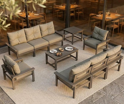 HDPE Outdoor Patio Furniture Set, 6-Piece Patio Conversation Sets with Coffee Table & Side Table & Grey Washable Thick Cushions, Outdoor Sofa for Balcony, Porch, Poolside (Grey Frame)