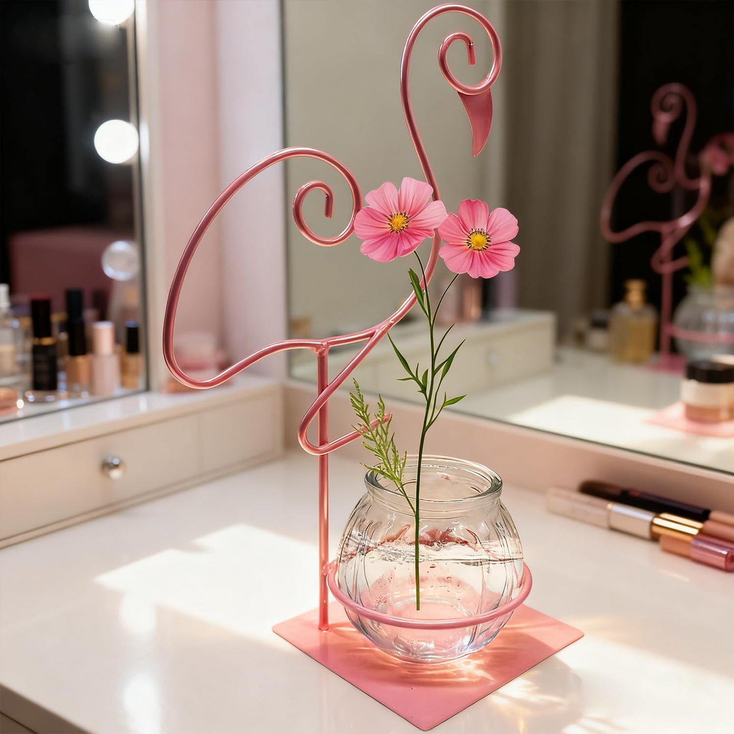 Desktop Glass Planter Vase Holder,Terrarium Stand for Plants Creative Decorations for Home Patio Lawn Garden (Standing Flamingo Pink)