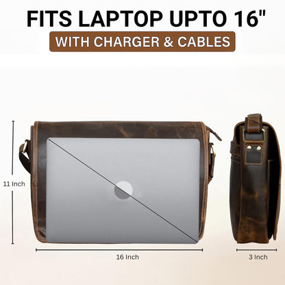 RUSTIC TOWN Leather Messenger Bag for Men Women - Full Grain Leather Laptop Satchel Office Shoulder Bag (16-Inch, Brown)