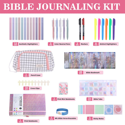 Bible Study Supplies with Daily Bible Verse Bracelets,Bible Journaling Kit for Women with Tabs Notebook and Pen Case Bible Bookmarks highlighters.Bible Tools for Students Beginner, Mom Day Gifts
